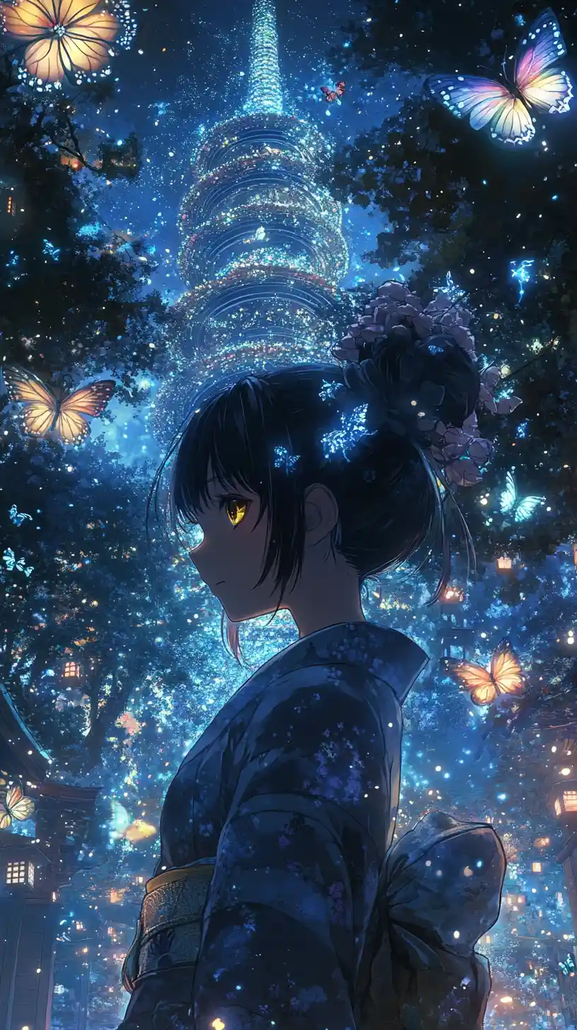 Anime girl at a Japanese temple under night fireworks