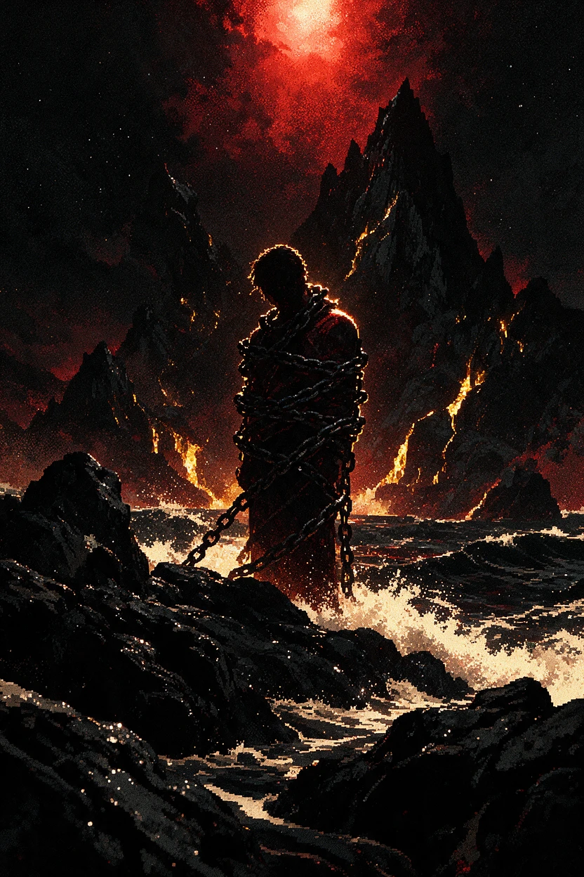 Crimson and gold light against a stark black void