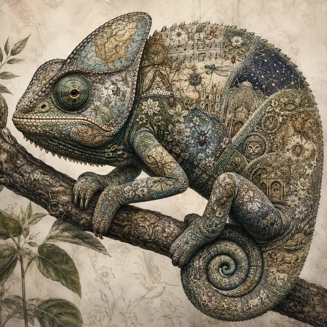 Surreal chameleon on a branch with worlds on its scales