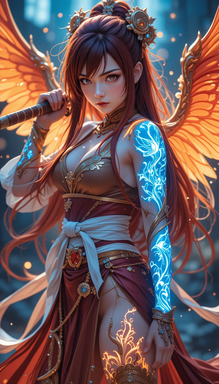 Anime warrior woman with glowing katana battle stance