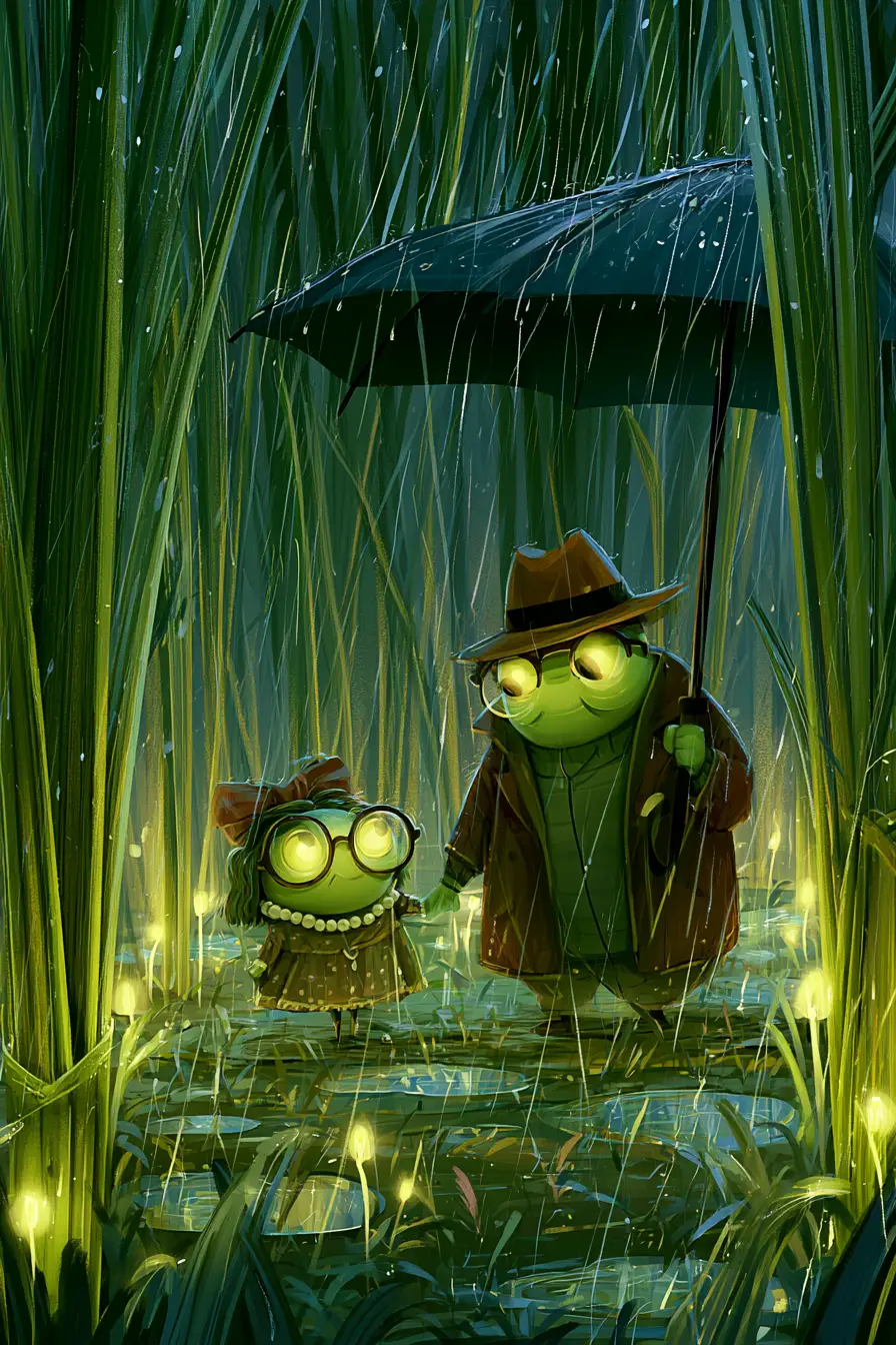 Glow worm couple walking through towering grass in rain