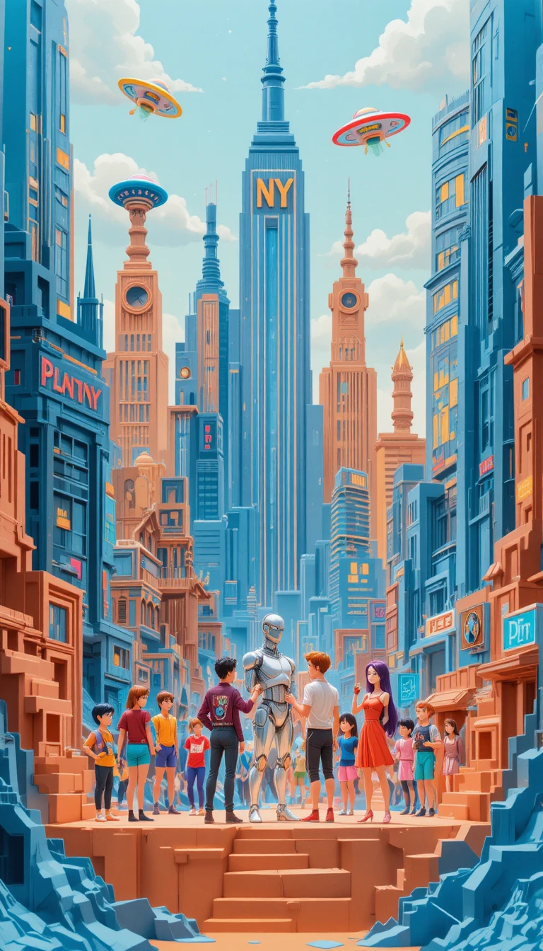 Retro futuristic cartoon city with playful paper characters