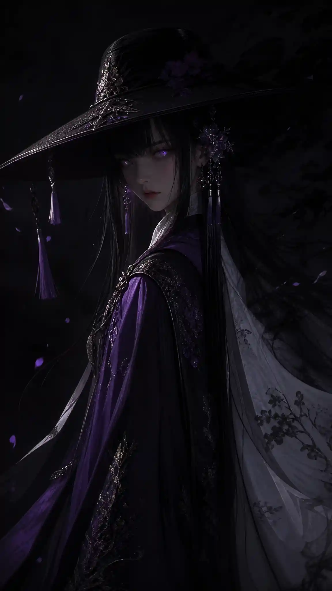Lonely girl in wide brim hat against deep darkness