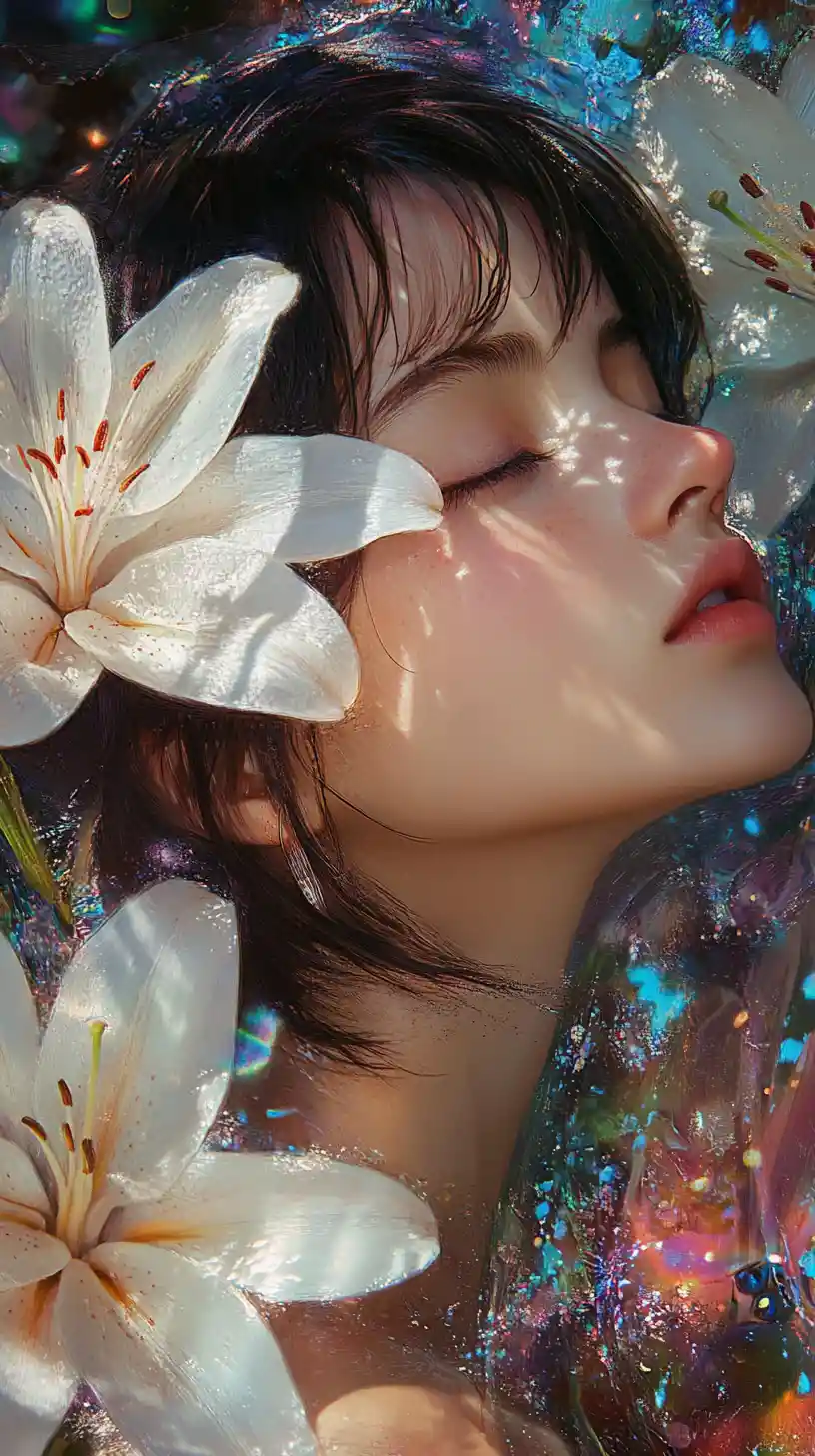 Anime girl with white lilies in a dreamy side profile
