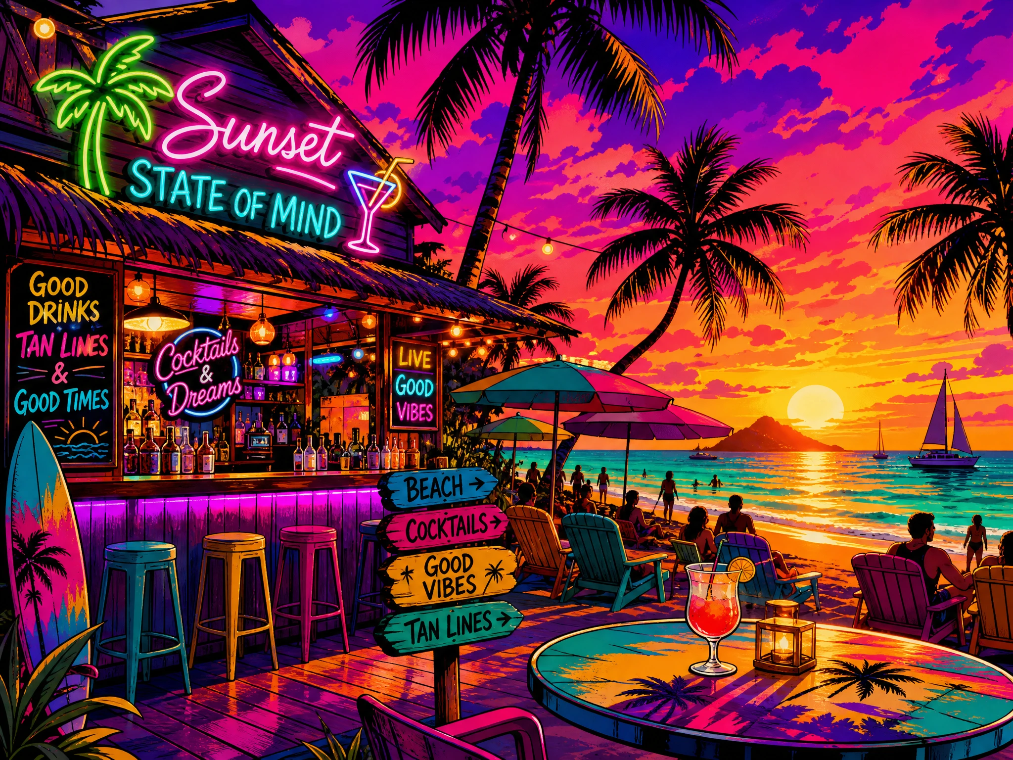 Bar de playa tropical al atardecer con reflejos de neón