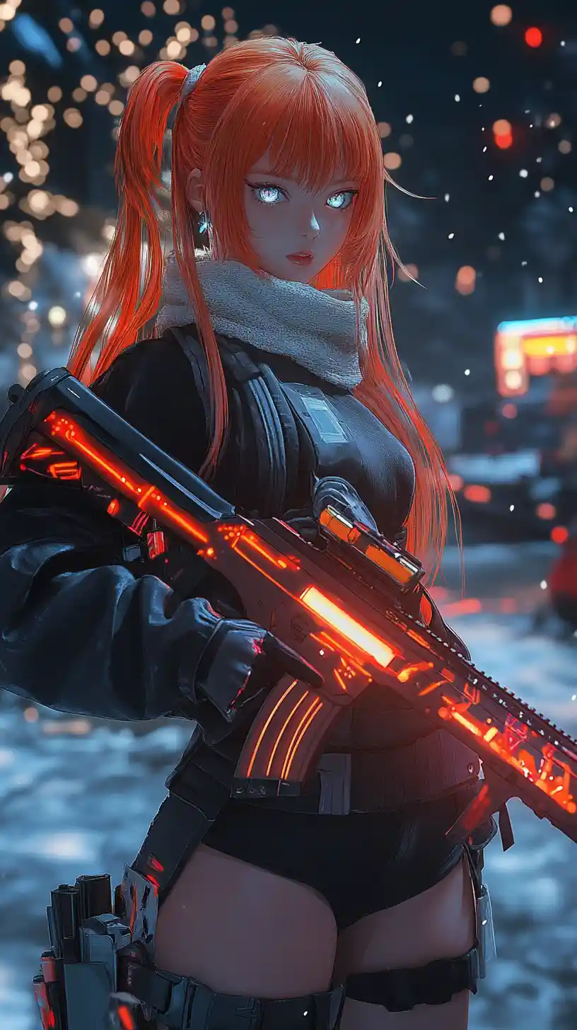 Anime girl with worn assault rifle in a ruined factory