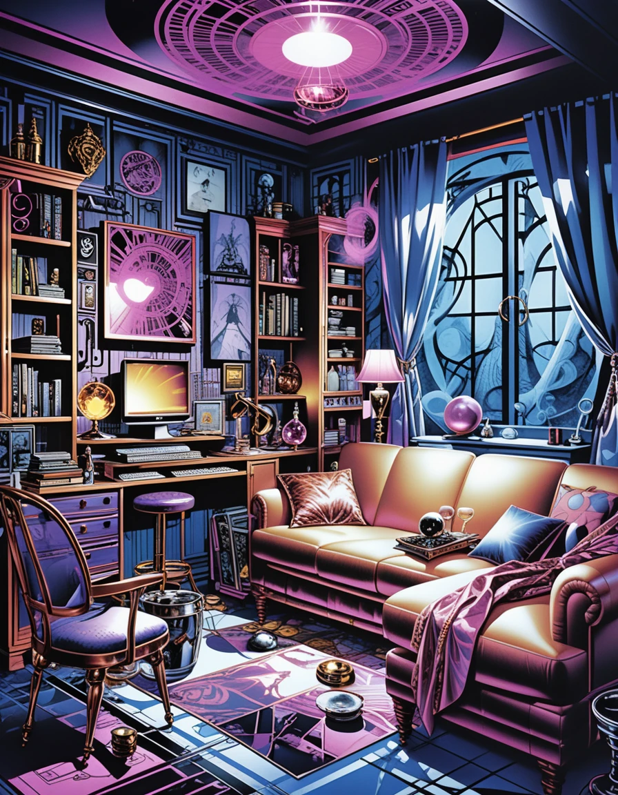 Moody 3d interior living room with eclectic dark decor