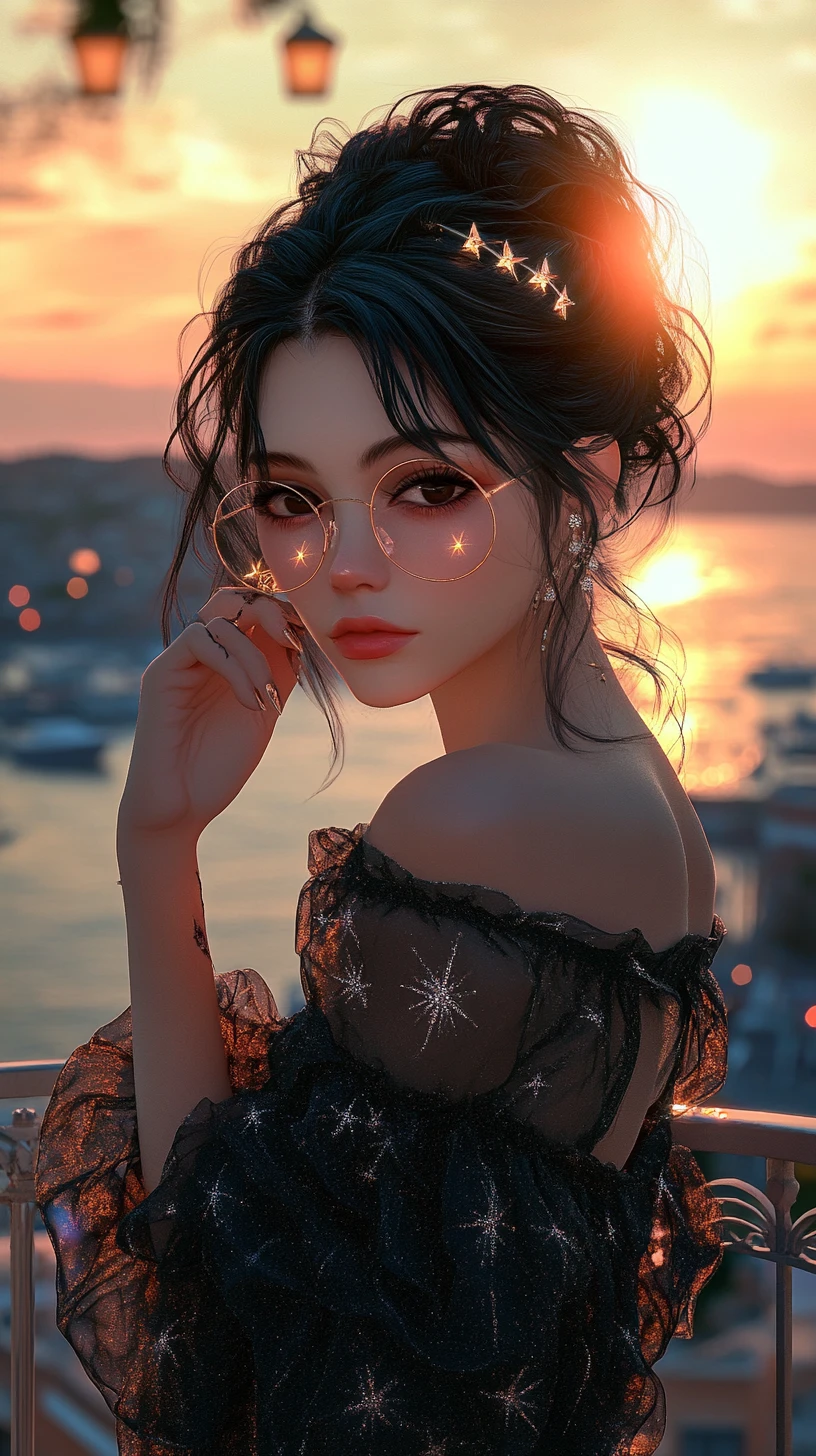 Elegant anime woman in sunset city balcony portrait