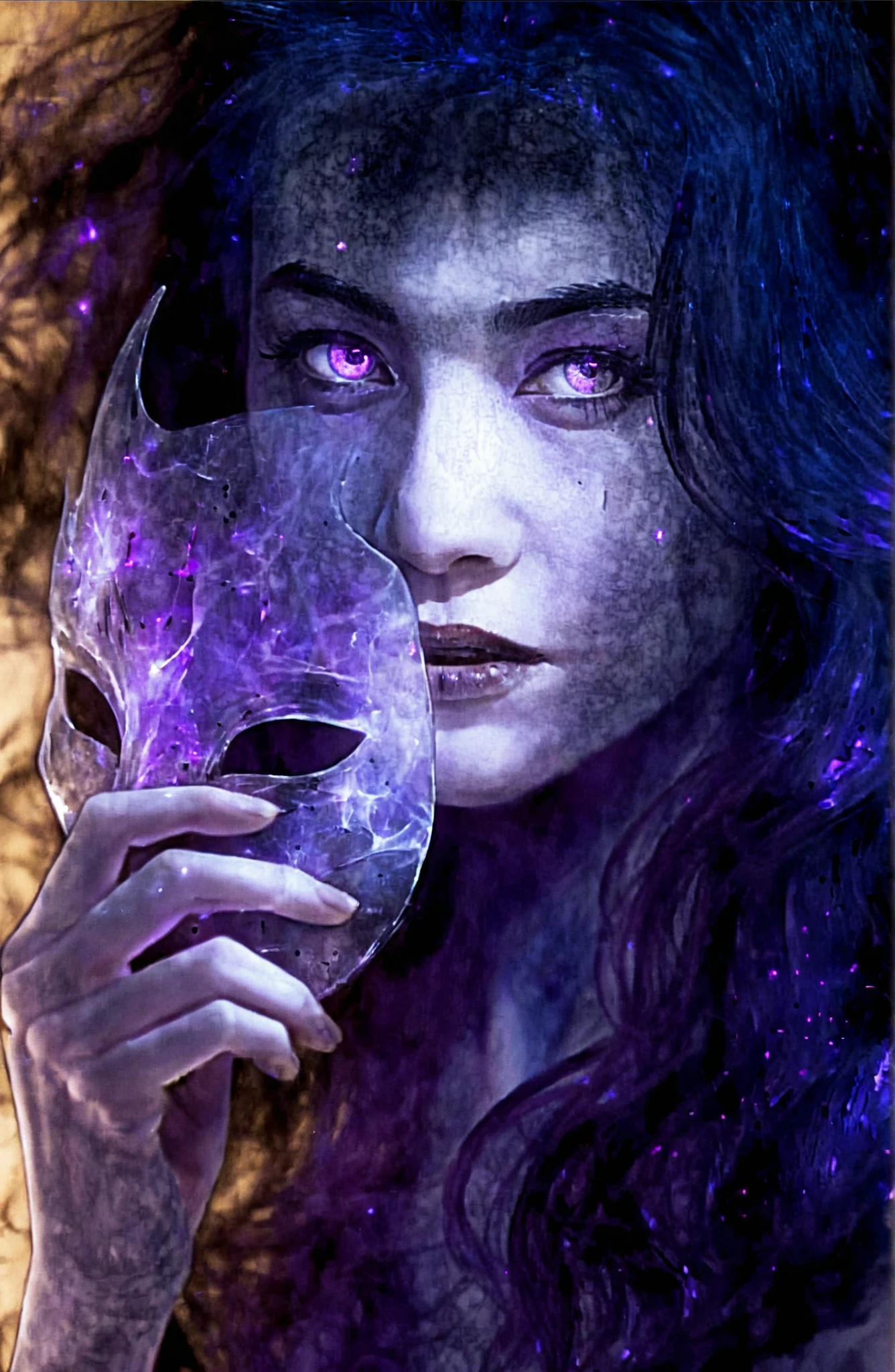 Mysterious woman with glowing purple eyes and energy mask