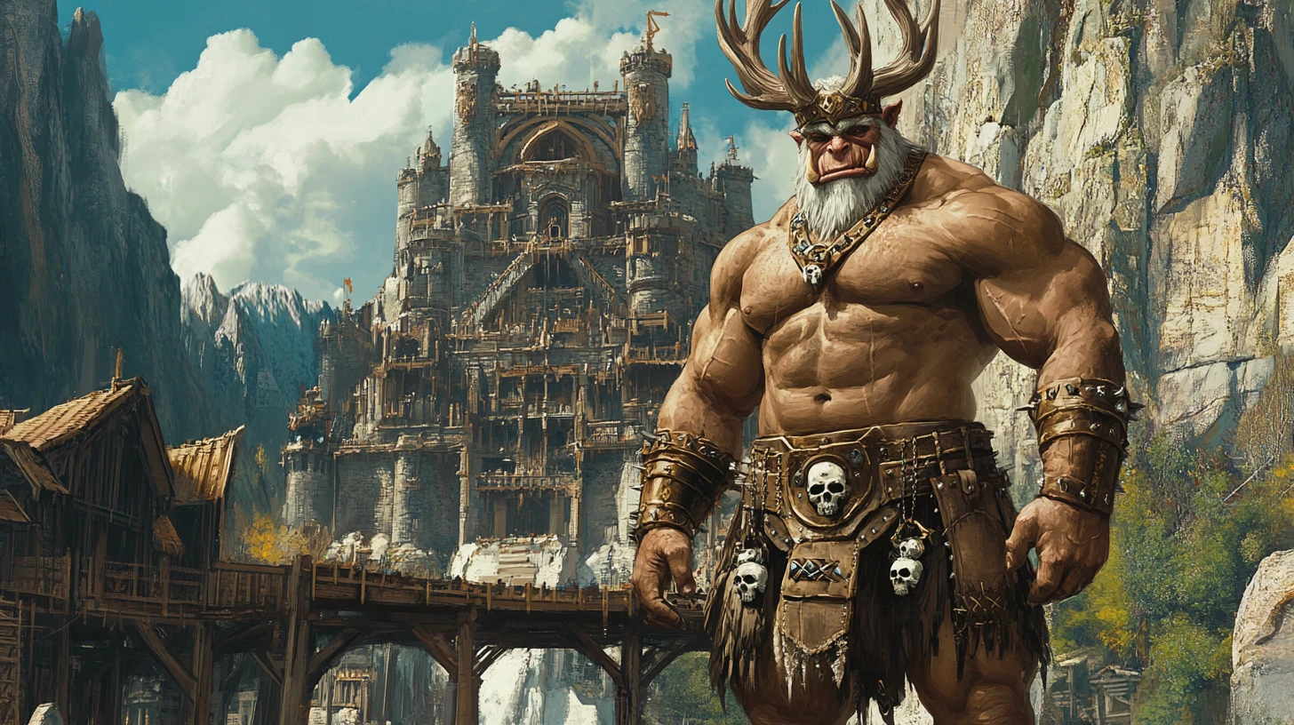 Mighty orc king before a vast mountain fortress