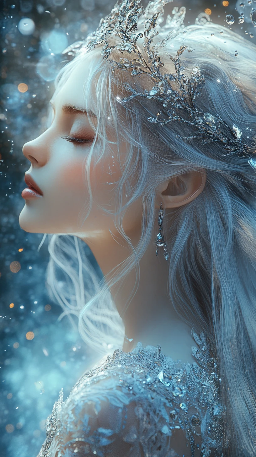 Ethereal silver haired queen in a glowing forest