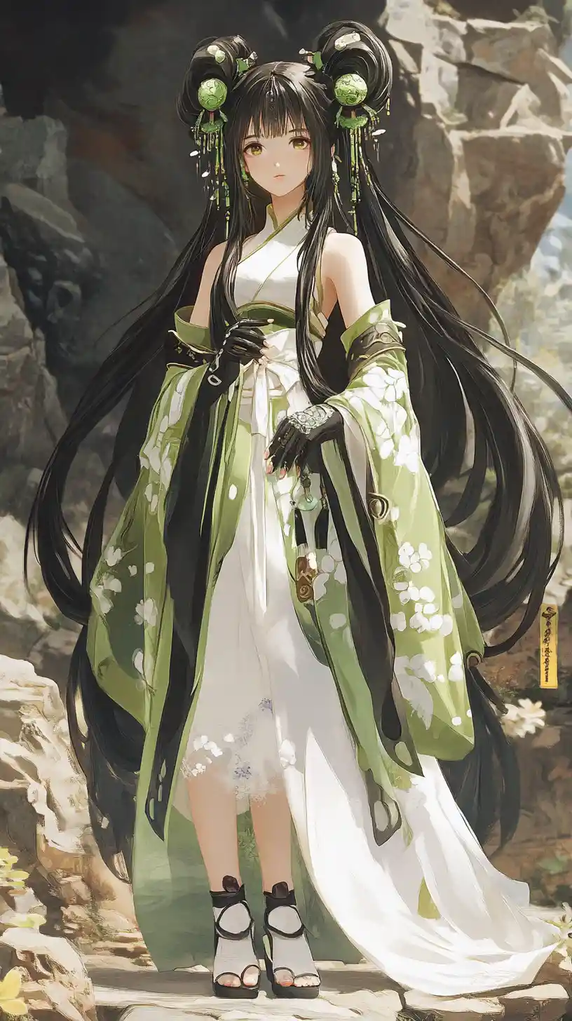Anime girl in green shirt and moonlit white skirt