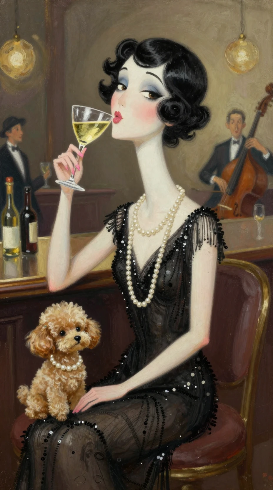 Mujer caricaturizada con moda de los años 20 en un bar de jazz vintage