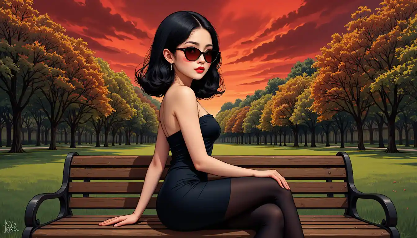 Stylish asian girl on a park bench at autumn sunset