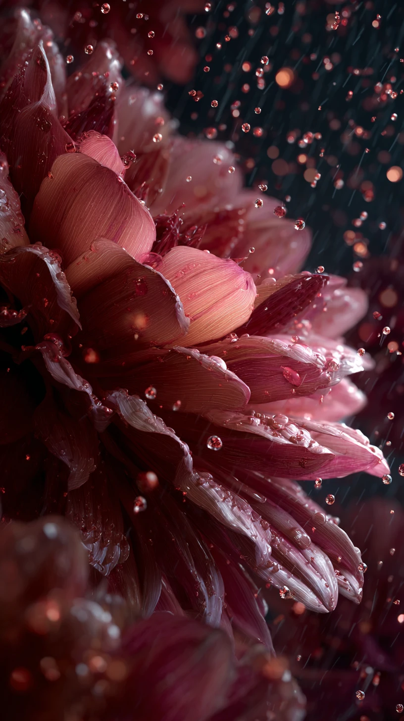 Gigantic flower petals with glowing crystal raindrops
