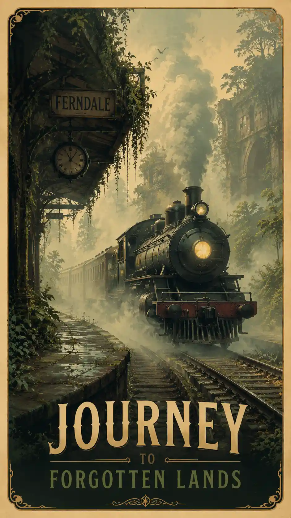 Antique steam train in a misty forgotten station scene