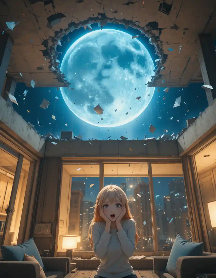 Anime girl watching a glowing moon crash through her roof