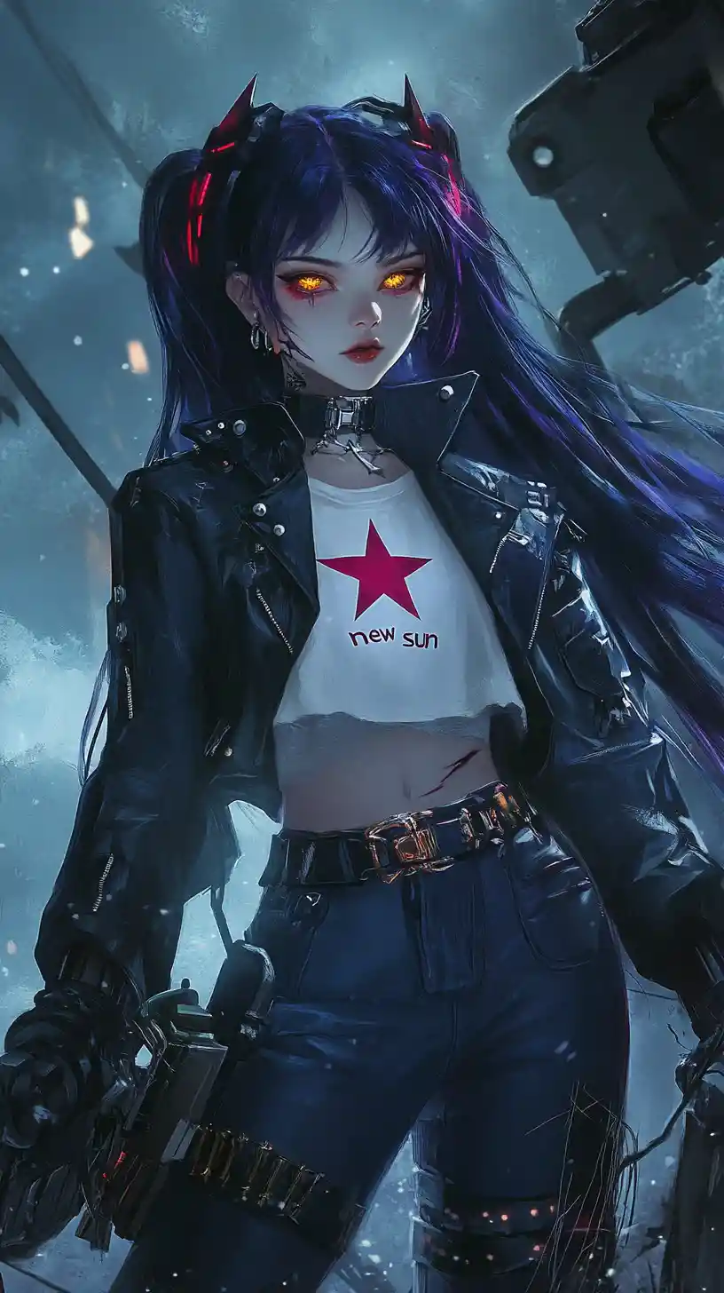 Anime girl with bat and long dark hair in streetwear