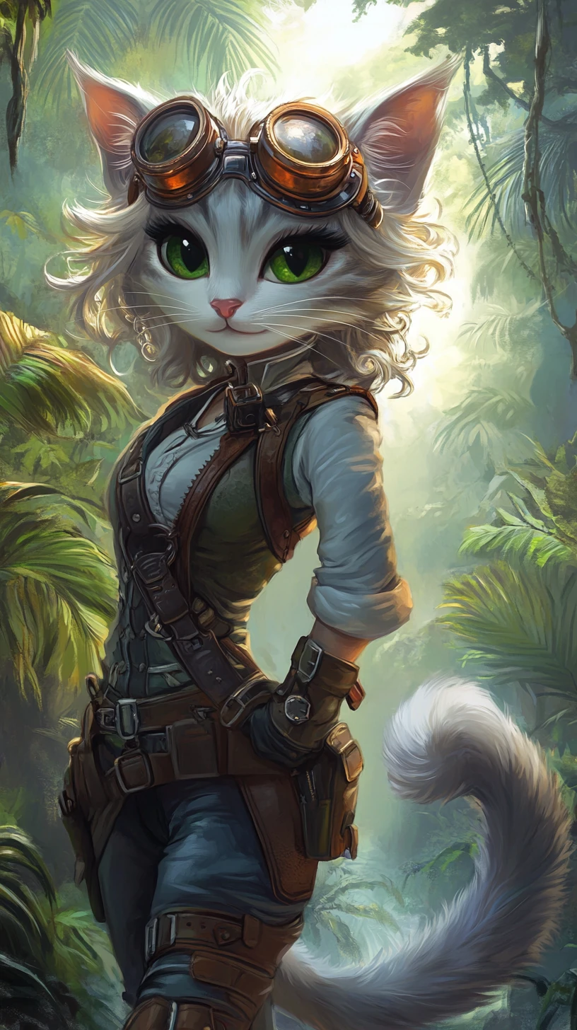 Cat girl adventurer in a misty steampunk jungle