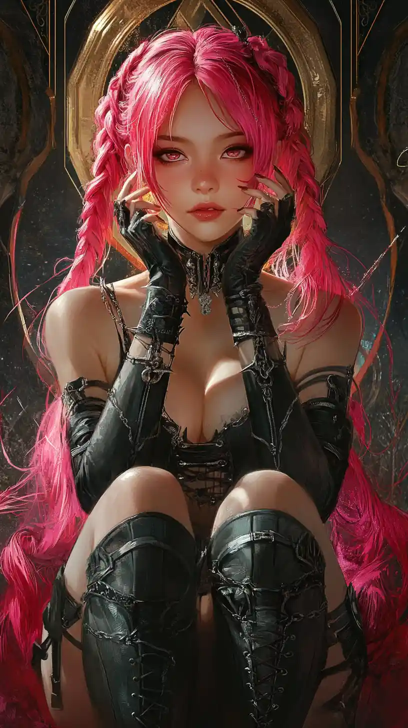 Pink haired gothic anime girl with chains and braids