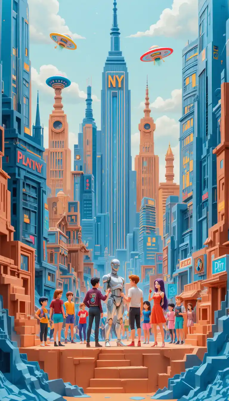 Retro futuristic cartoon city with playful paper characters