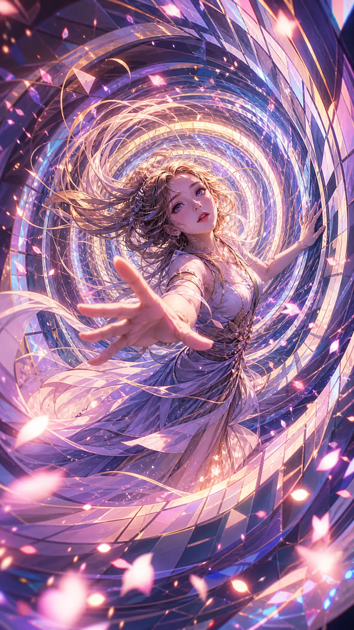 Ethereal woman within a spiraling optical illusion