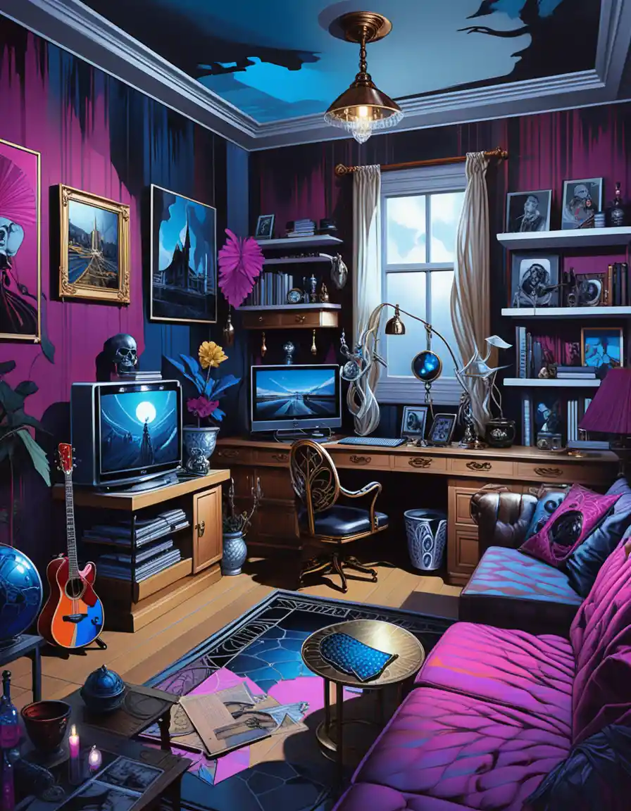 Moody eclectic 3D interior room with decadent home decor