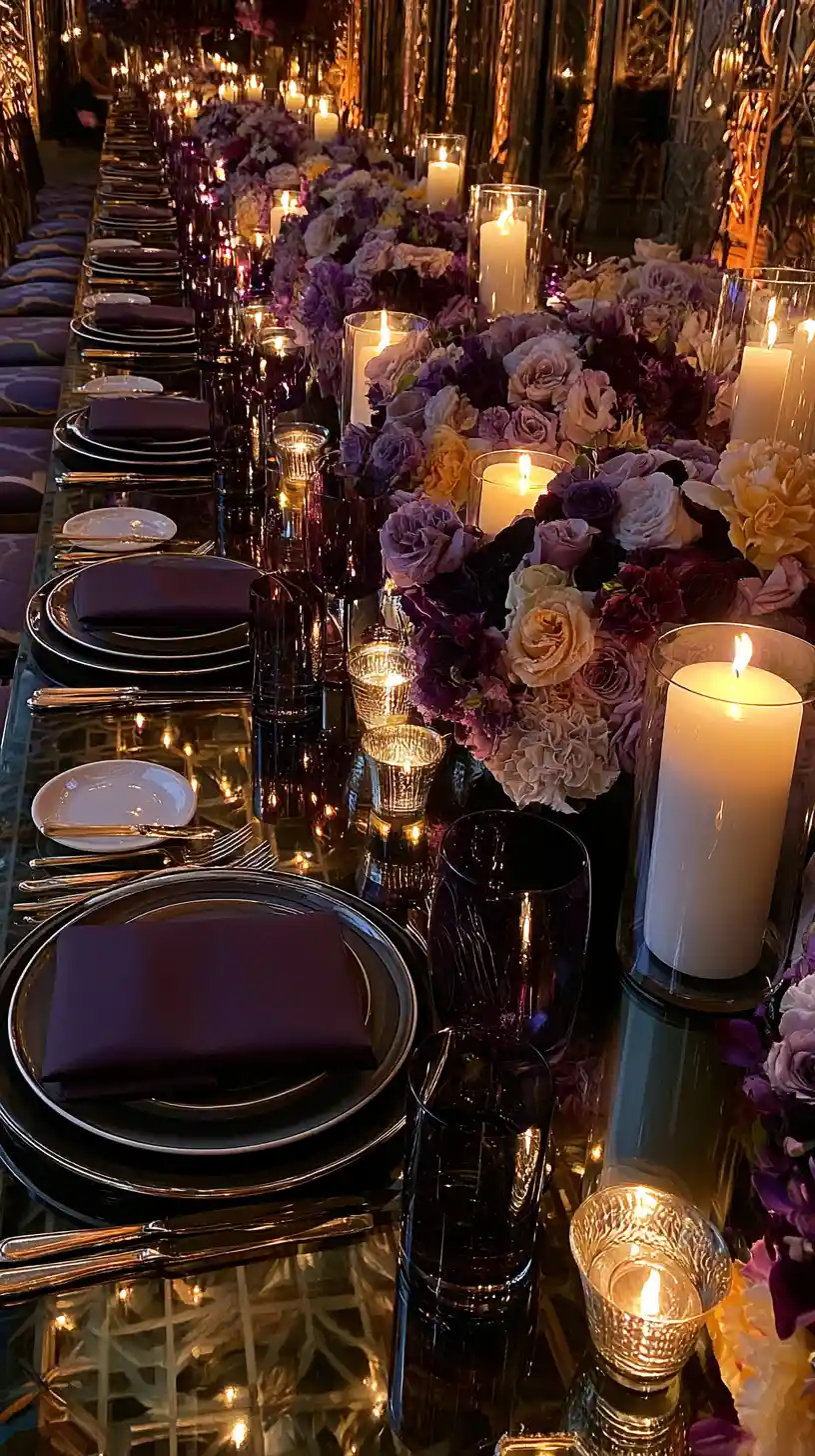 Luxurious close up of a dimly lit elegant dinner table