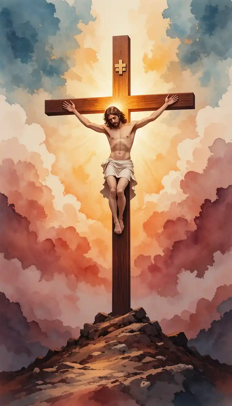 Watercolor crucifixion of Jesus at sunrise on Calvary hill