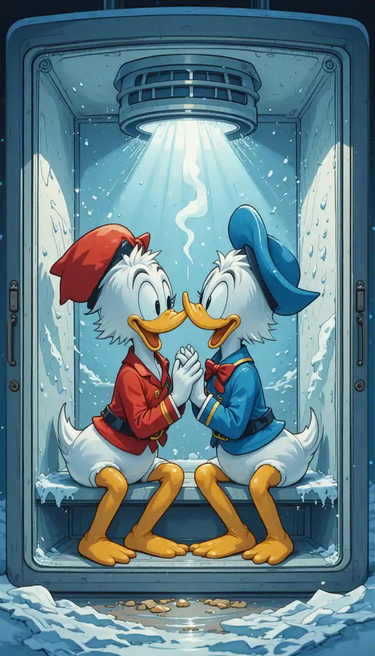 Two men kissing inside a fridge with dripping water