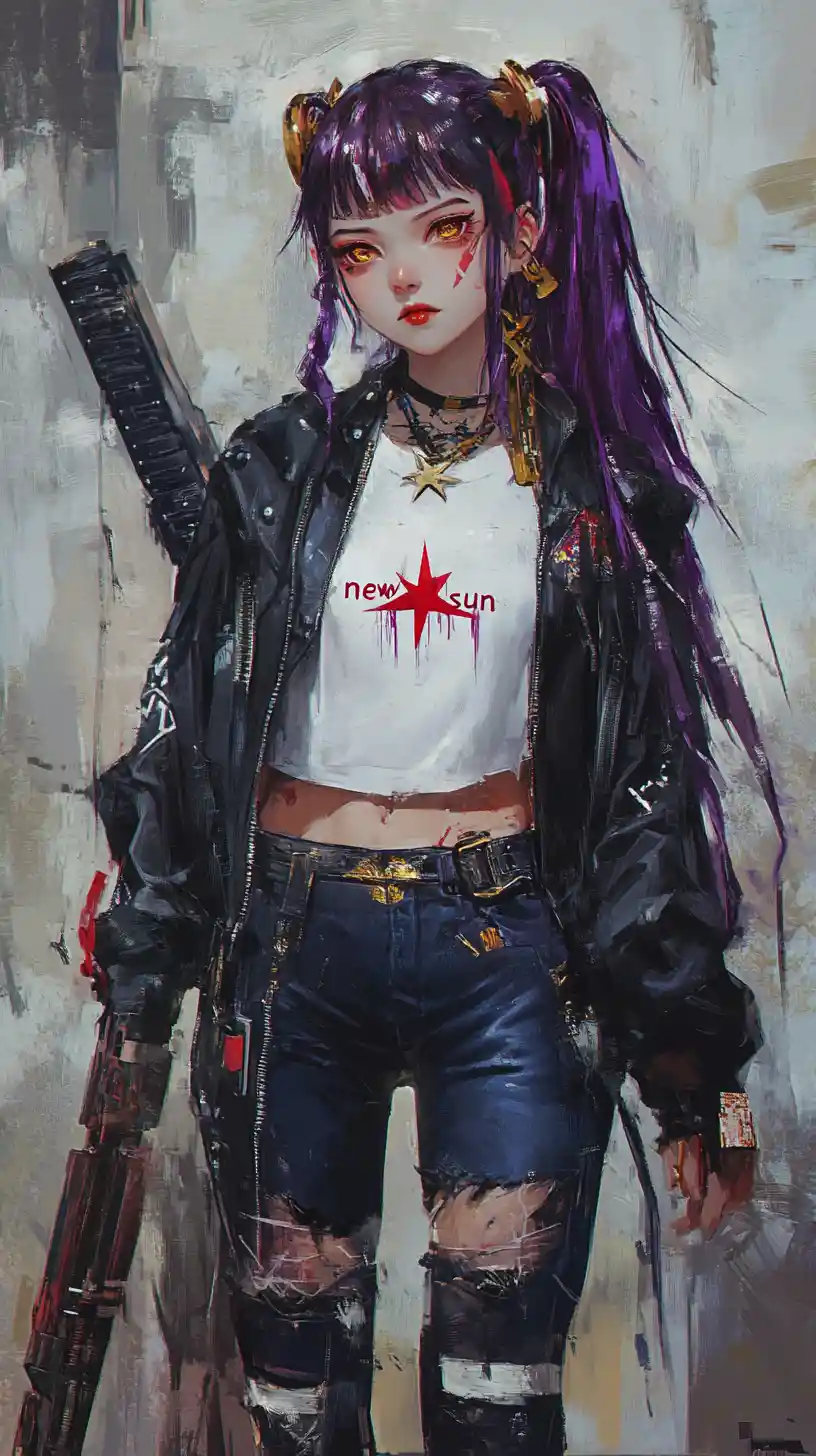 Anime girl with bat and dark futuristic streetwear