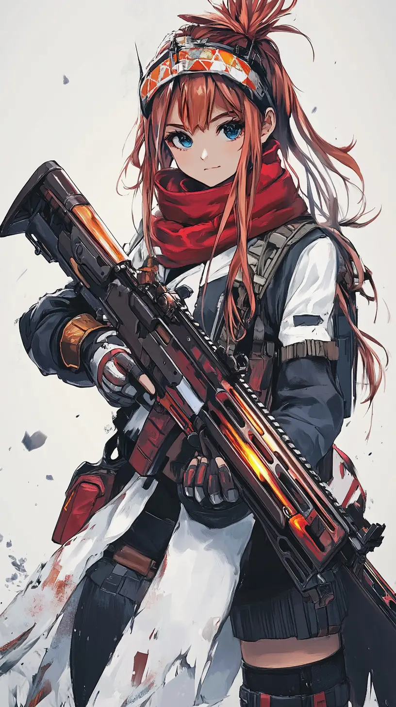 Anime girl with worn assault rifle and red accents