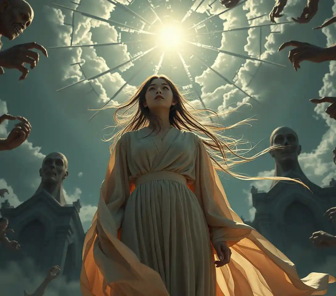 Surreal woman beneath a fractured chapel sky in luminous wind
