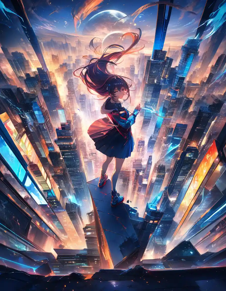 Anime woman reacting to glowing moon on city rooftop