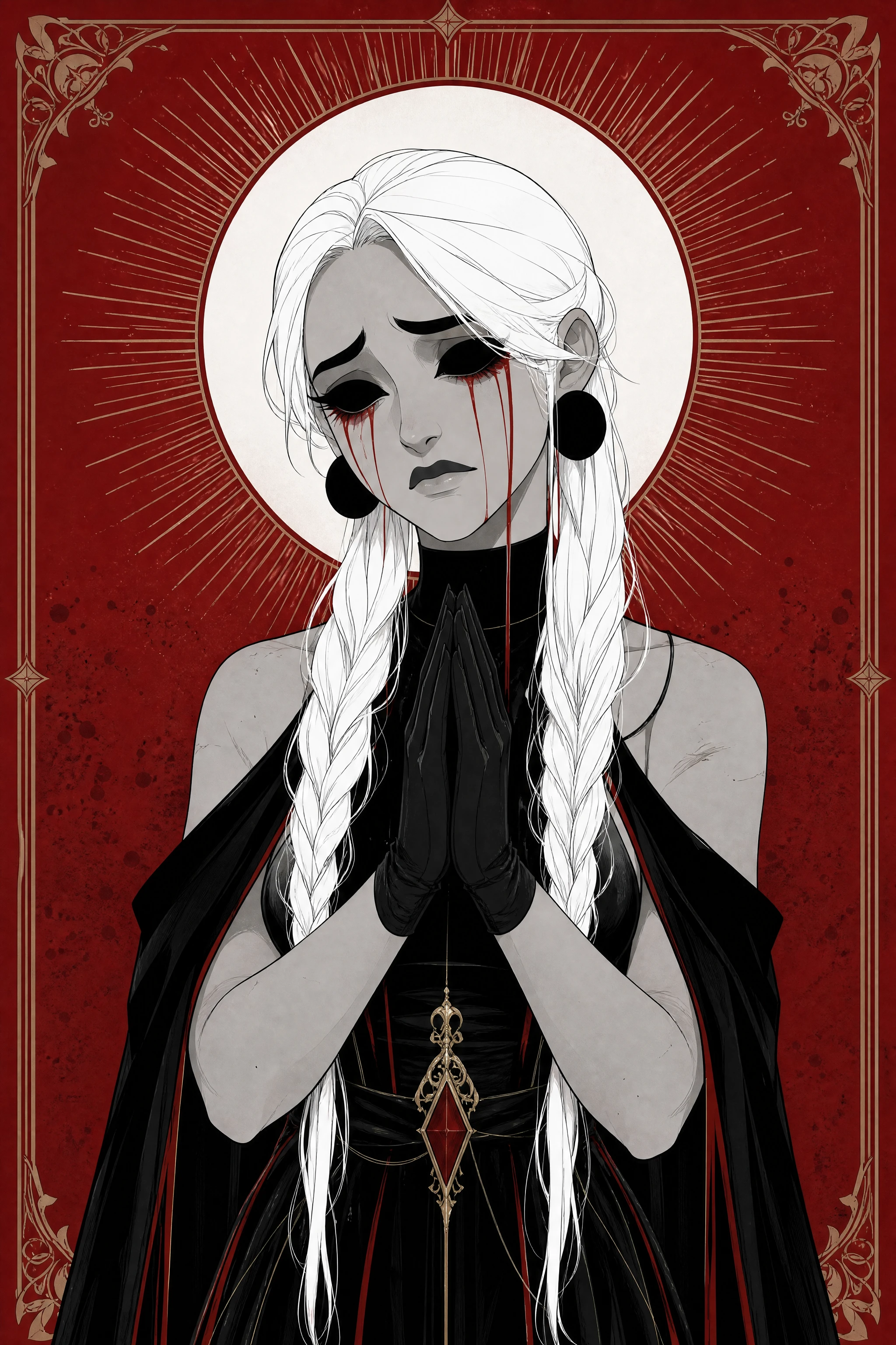 Gothic woman in prayer with crimson halo and tears