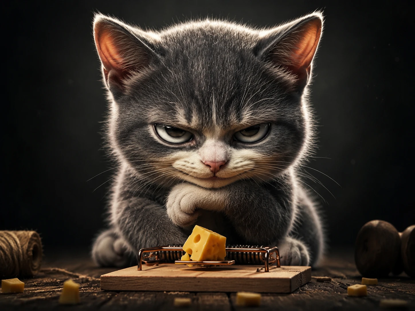 Travieso gatito 3D con mirada cinematográfica llena de planes