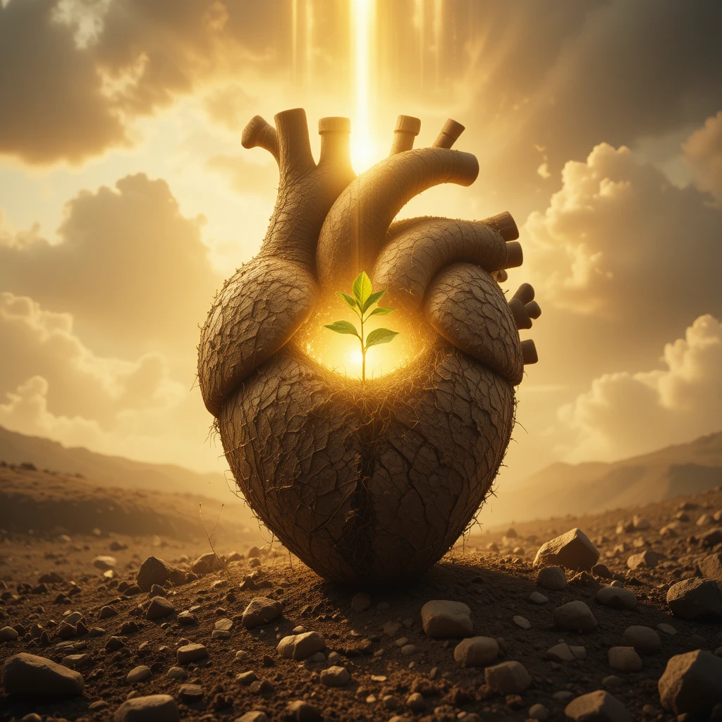 Symbolic soil heart with glowing seedling under sunlight