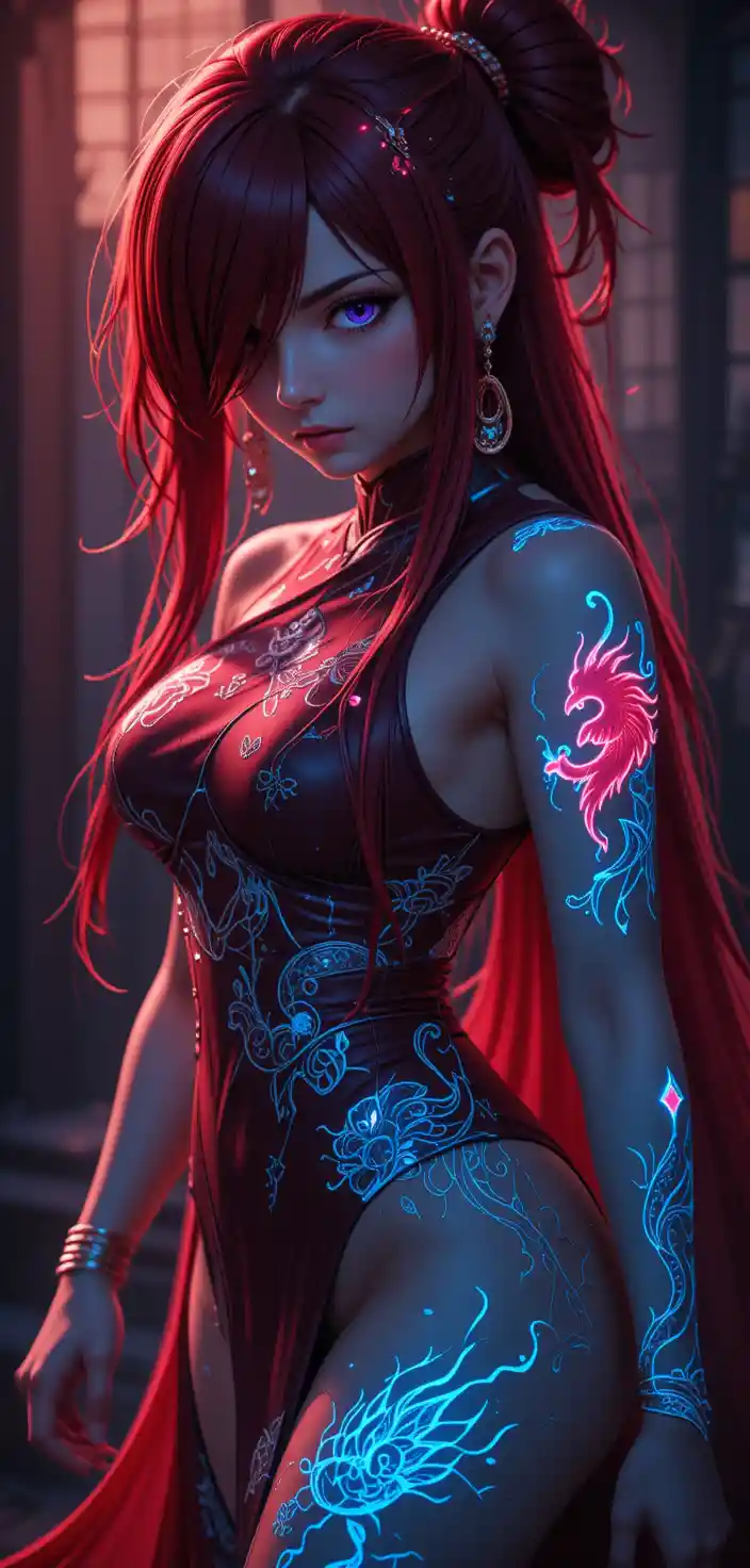 Red haired anime warrior woman with glowing guild tattoos