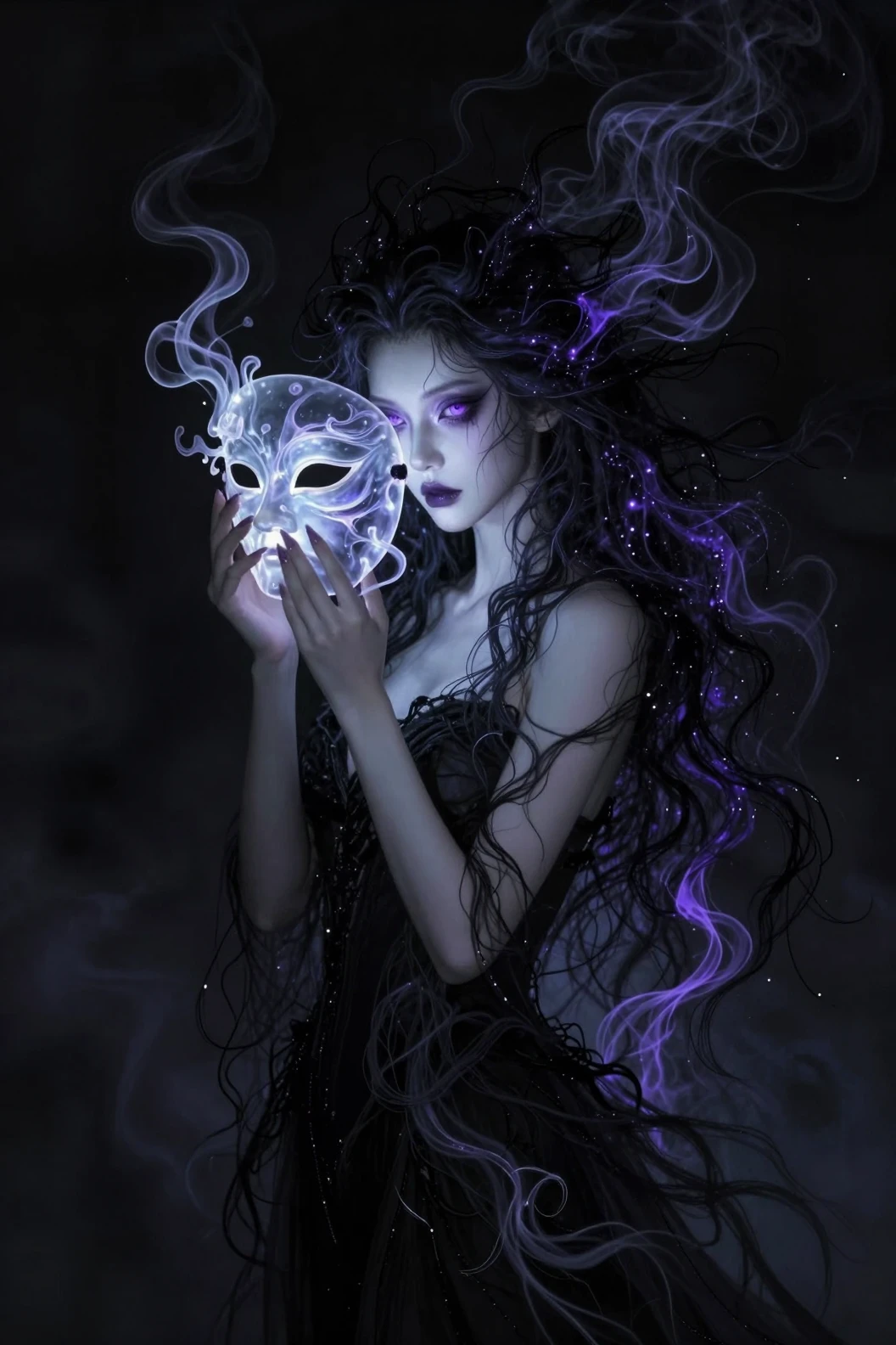 Mystische Frau mit violetten Augen in dunklem ätherischem Rauch