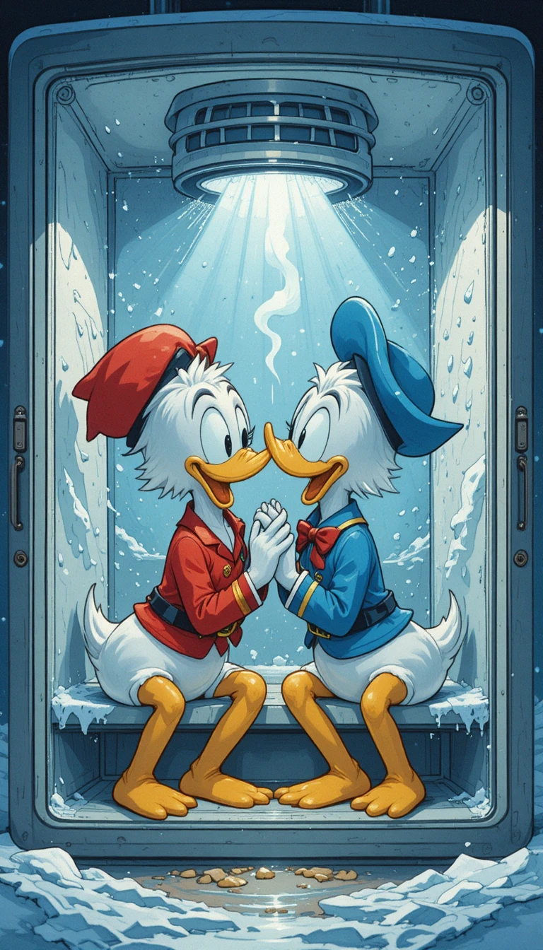 Two men kissing inside a fridge with dripping water