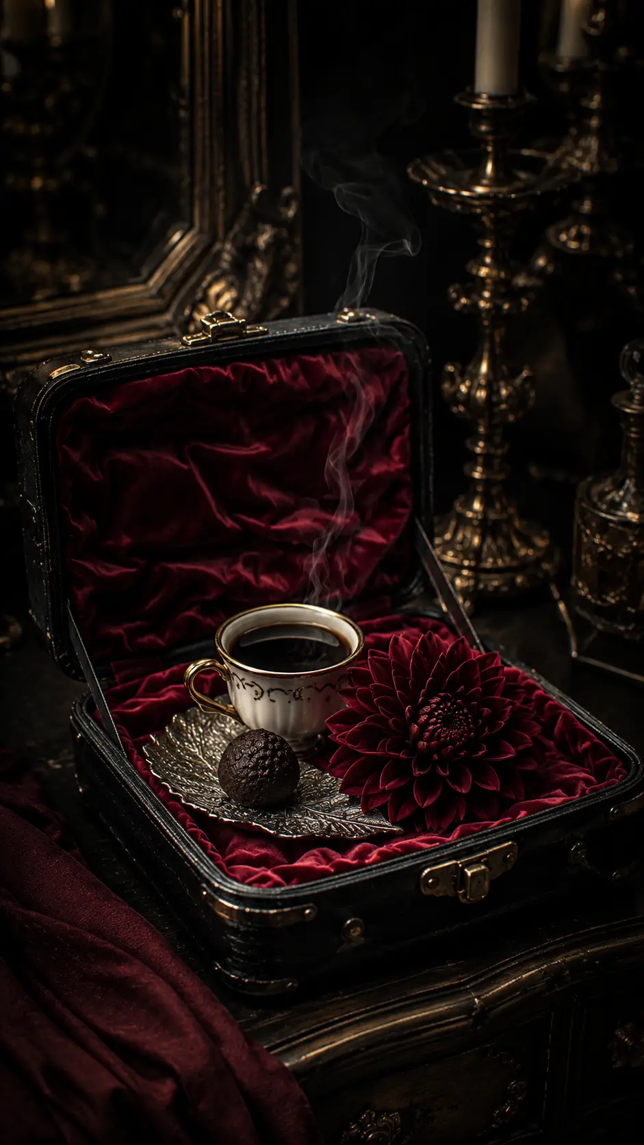 Espresso fumante in un beauty case con fiore e cioccolato