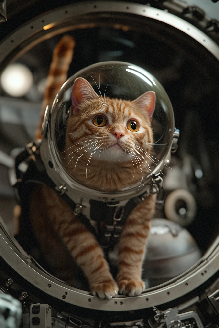 Gato atigrado naranja con traje espacial flotando dentro de la nave