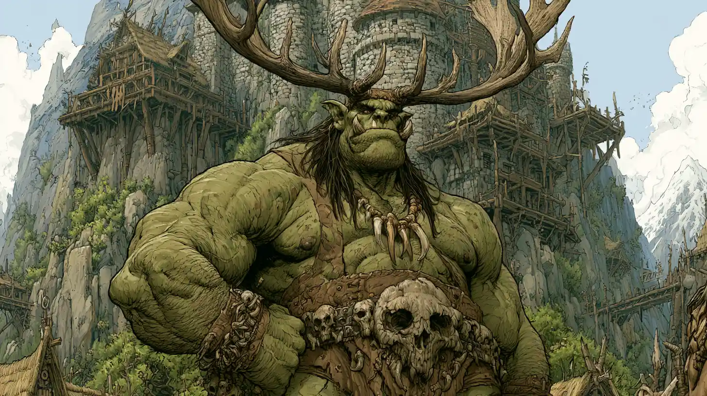 Mighty orc king in elk crown before mountain fortress