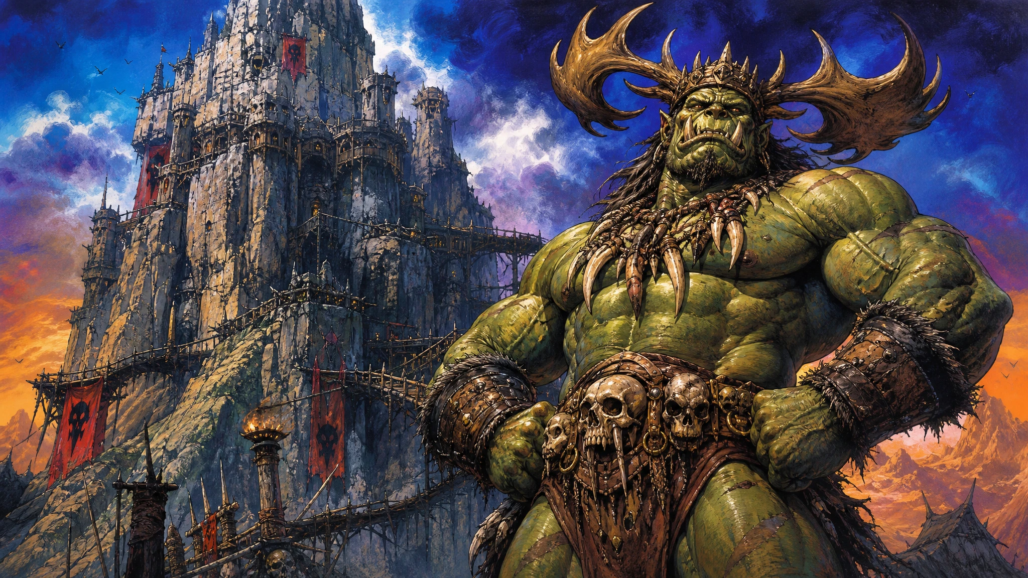 Mighty orc king before a vast mountain fortress