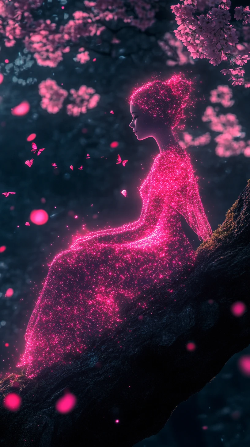 Glowing Pink Fairy On Mossy Branch In Dark Forest