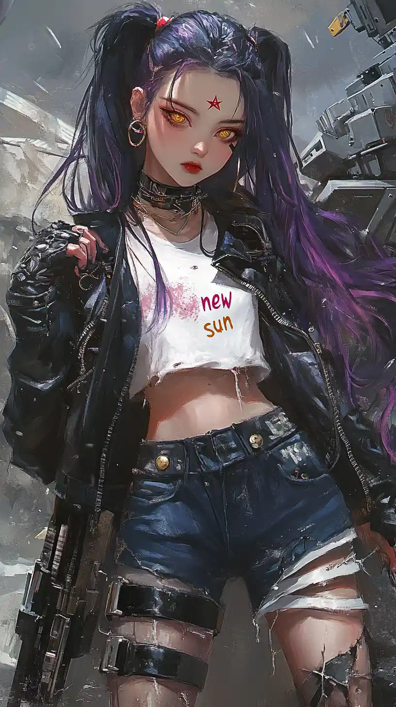 Anime girl with bat in edgy futuristic streetwear