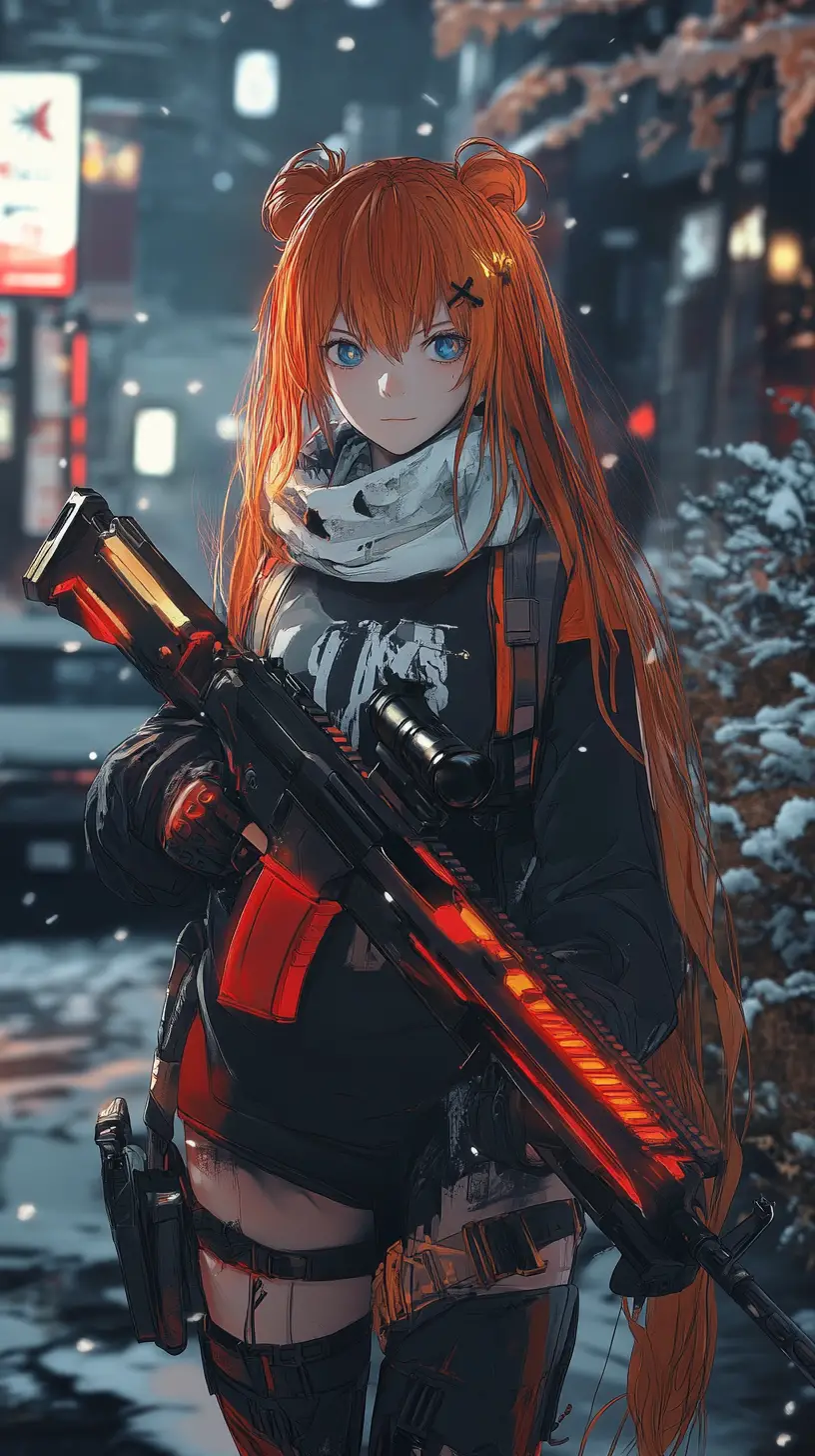 Anime girl with worn assault rifle in nighttime ruins