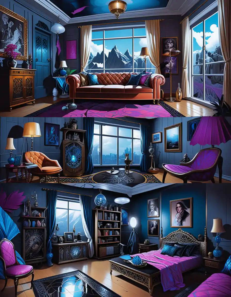 Moody 3D interior living room with eclectic dark decor