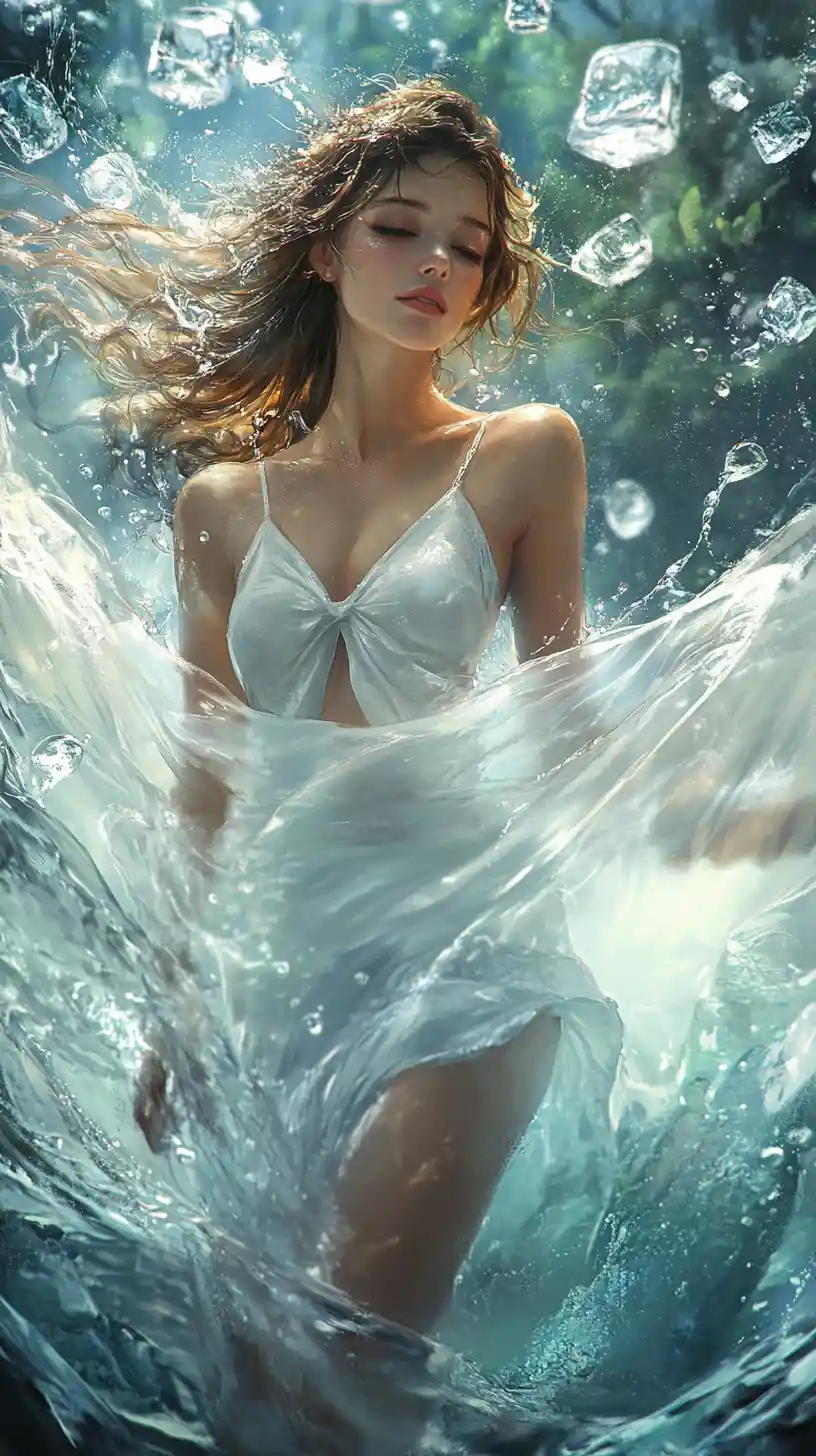 Serene tanned woman in white with water and ice
