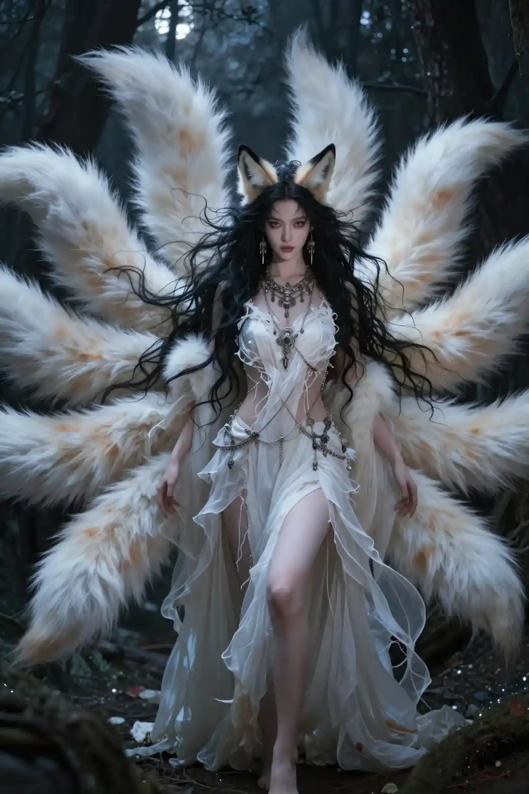Mythical nine tailed fox woman in moonlit dark forest